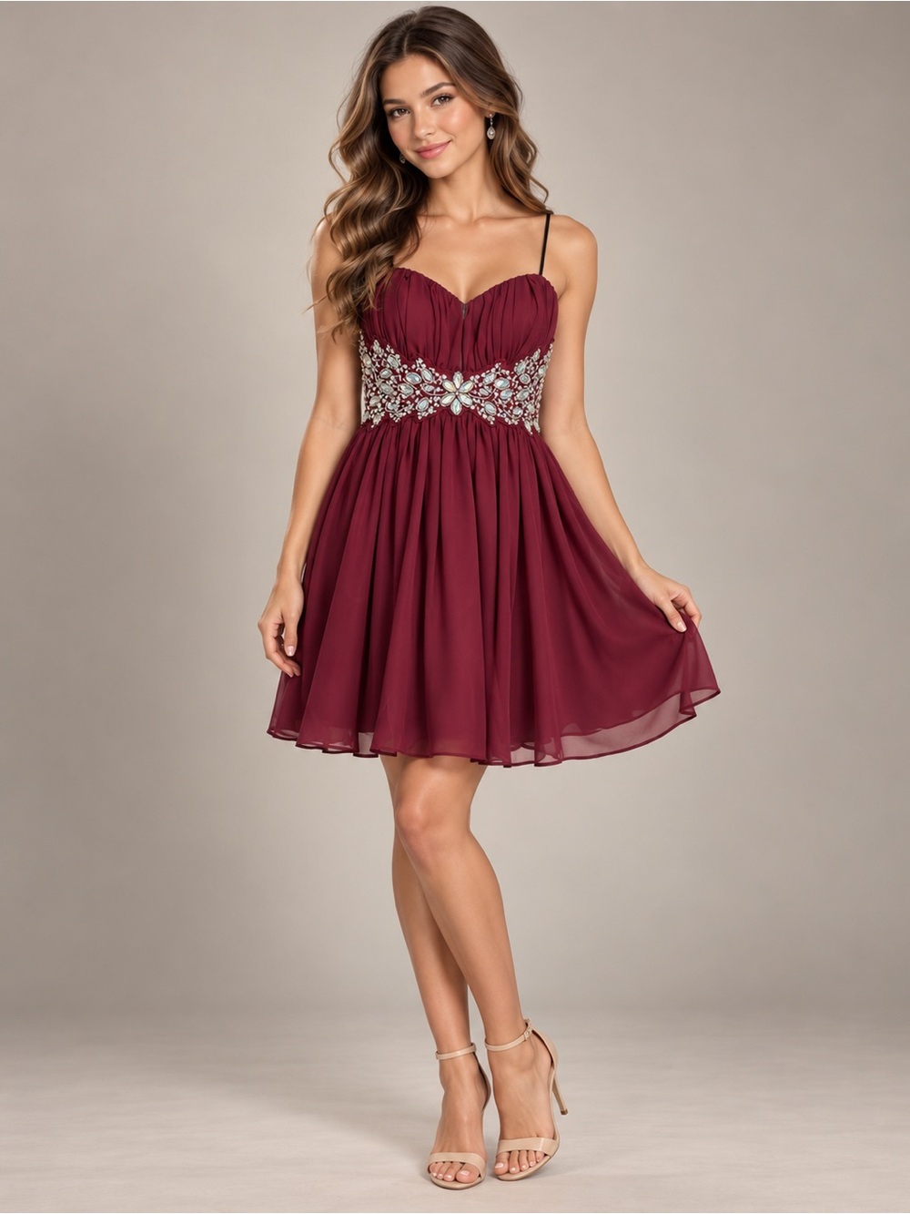 Windsor Wine Embellished Waist Spaghetti Strap Mini Dress Sz 5/6
